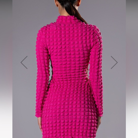 AKIRA SULTRY LONG SLEEVE MOCK NECK CUT OUT MINI DRESS IN FUCHSIA - Picture 5 of 13